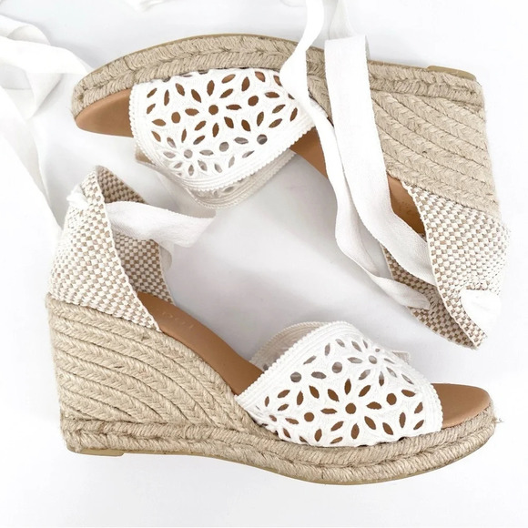 MAYPOL x Anthropologie | White Crochet Lace Up Espadrille Wedge Heel Sandals | 9 - Picture 7 of 13